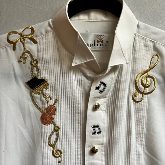 Vintage Chaplin women's embroidered musical notes piano violin white shirt Sz S - Picture 5 of 9